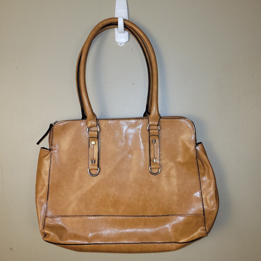 Tan Faux Leather Structured Tote Bag‎ | Zip Top | Striped Lining |...